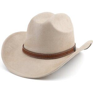 Unisex Beige Western Faux Stitched Leather Band Classic Fedora Cowboy Felt Hat